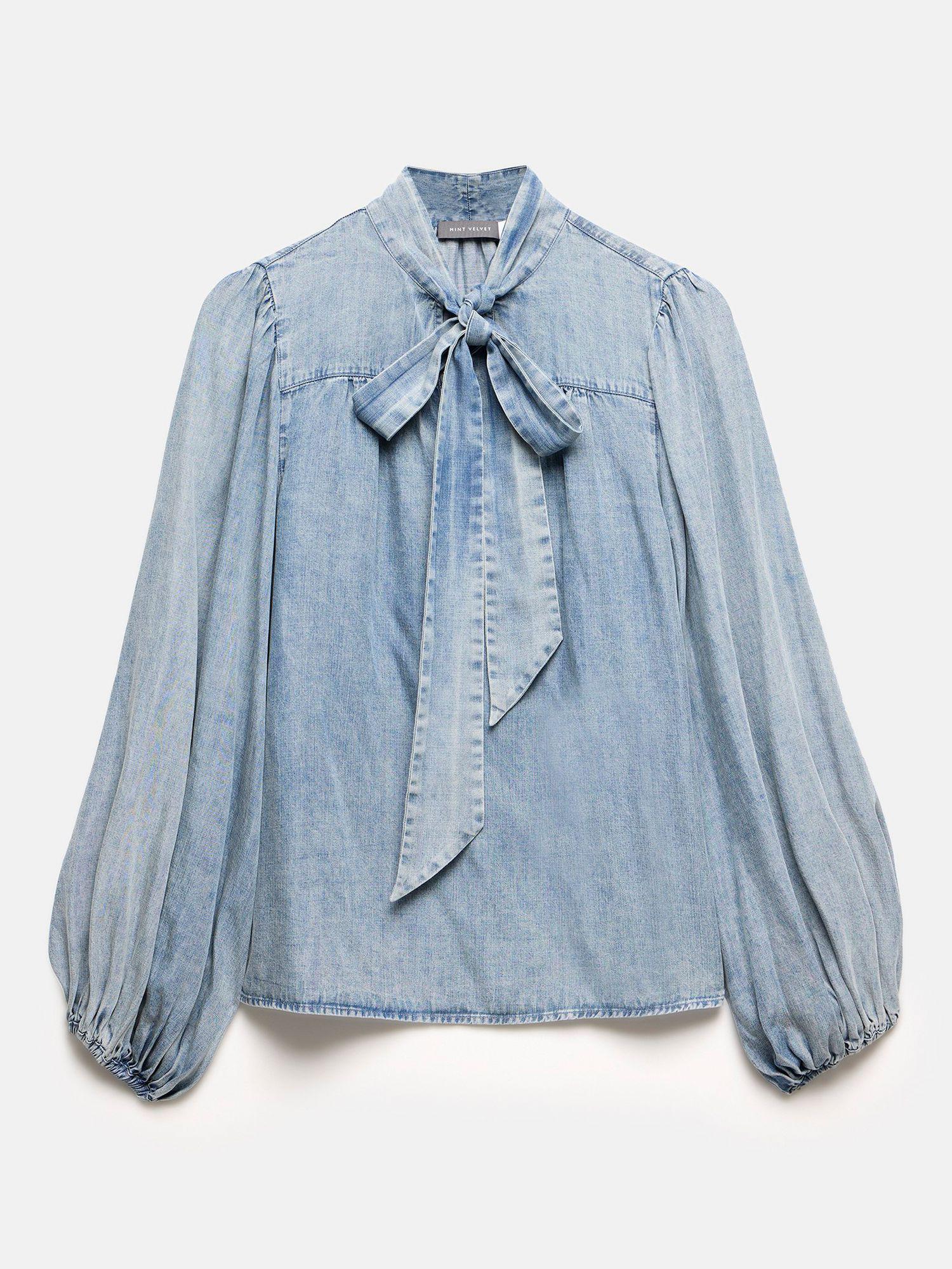 Bow Neck Short Sleeve Denim Blouse