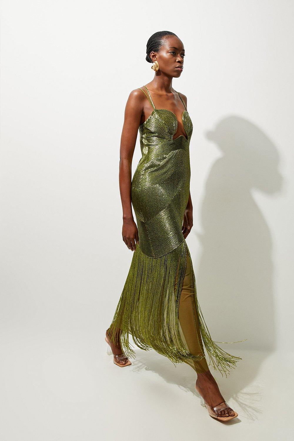 KAREN MILLEN Premium Embellished Draped Beaded Strappy Midi Dress | endource
