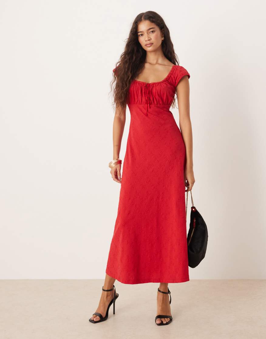 NOBODY'S CHILD Melissa Embroidered Floral Milkmaid Midi Dress In Red |  endource