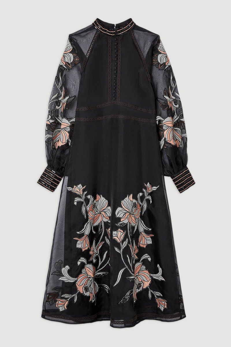 KAREN MILLEN Tall Floral Embroidery Organdie Woven Midi Dress