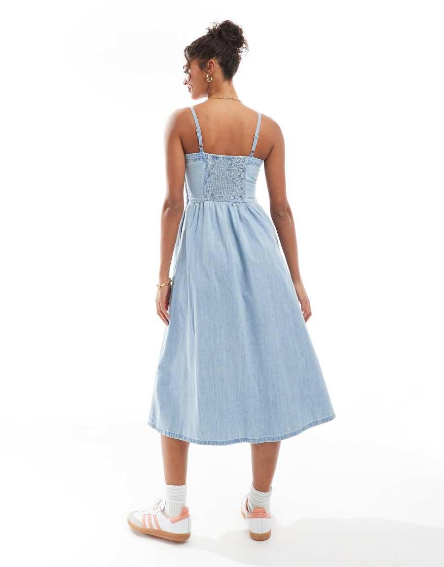 denim cami midi dress TFNC stretch denim cami cup detail full skirt midi dress in blue