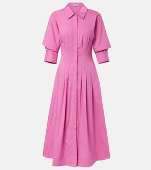 Pink pleated midi dress with puffed sleeves