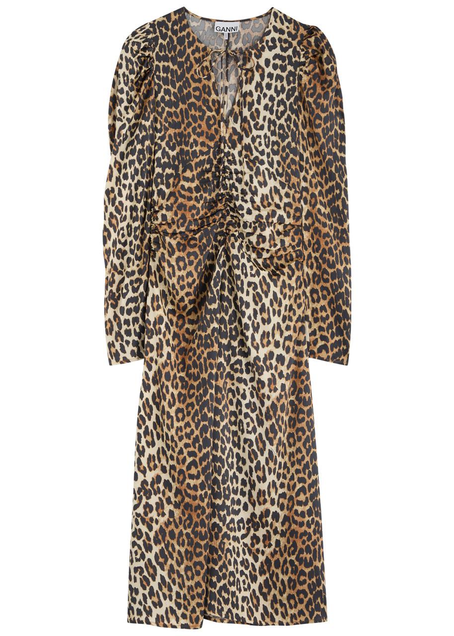 GANNI Leopard-Print Satin Midi Dress | endource