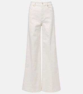 Wide-leg, cream denim jeans on a white background