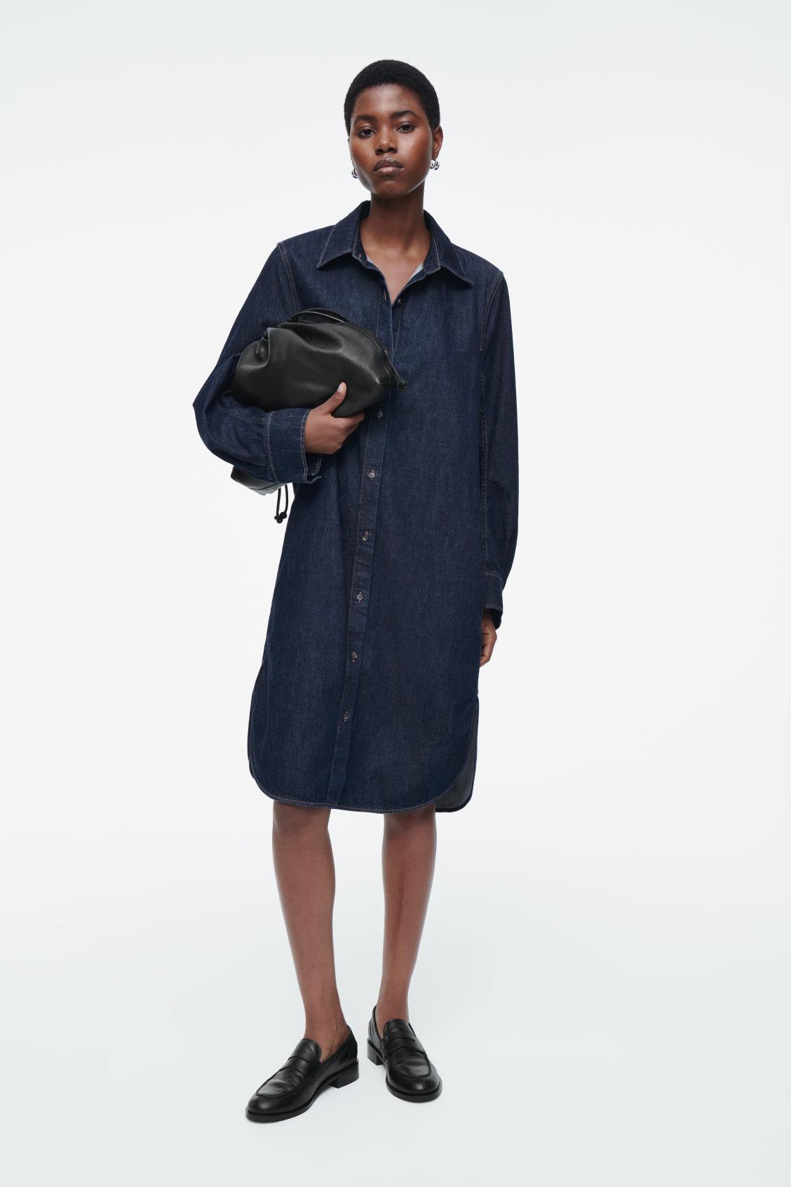 cos denim midi dress COS Women's Denim Utility Midi Shirt Dress in Dark Blue | Cotton