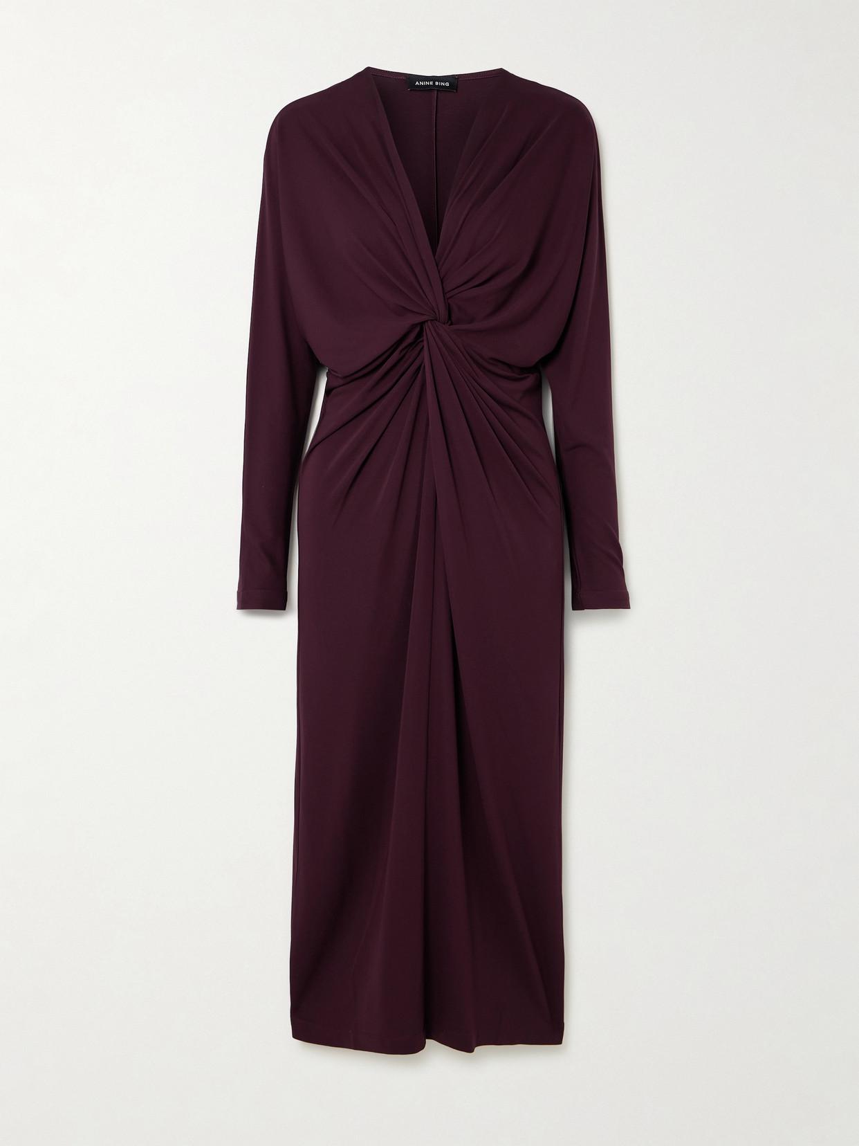 self portrait burgundy stretch crepe midi dress Burgundy Jersey Gathered Midi Dress  self-portrait-US