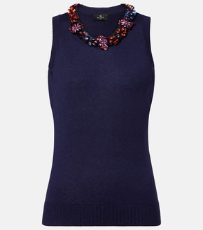 Dark blue knit vest with a vibrant, jewel-toned beaded neckline.