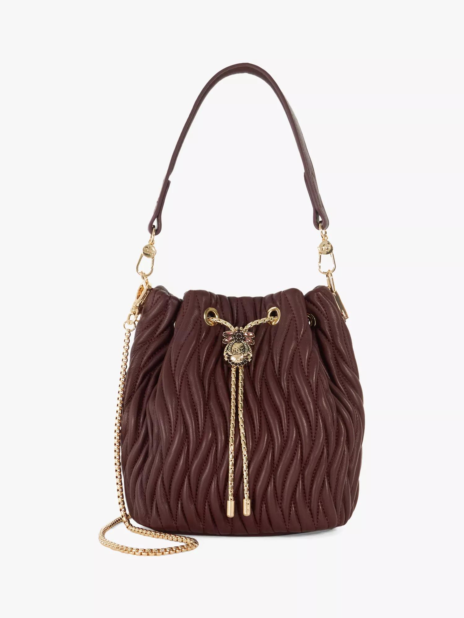 DUNE Electrical Leather Wave Quilted Drawstring Bag in Burgundy | endource