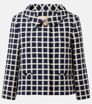 Navy and white rope-textured blazer with a jewel-embellished button.