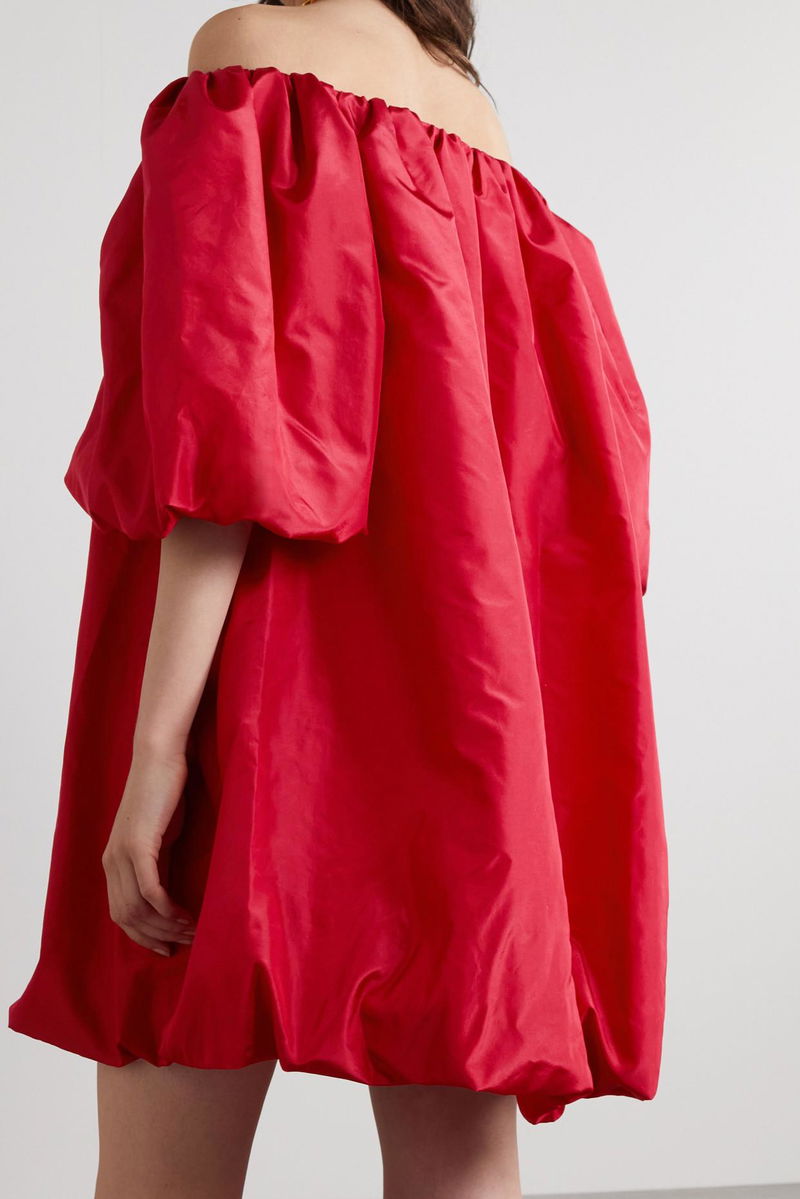 valentino off the shoulder mini dress VALENTINO GARAVANI Off-The-Shoulder Gathered Silk-Satin Mini Dress