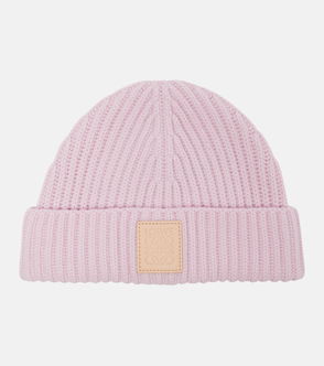 Pink ribbed knit beanie with LOEWE logo patch