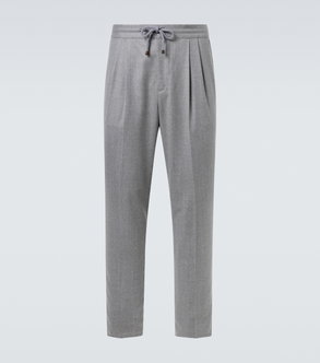 Gray pleated trousers with drawstring waist