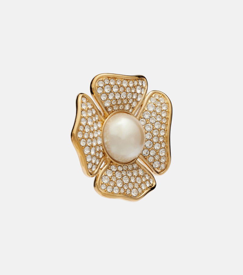 Gold flower brooch with pearl and crystals