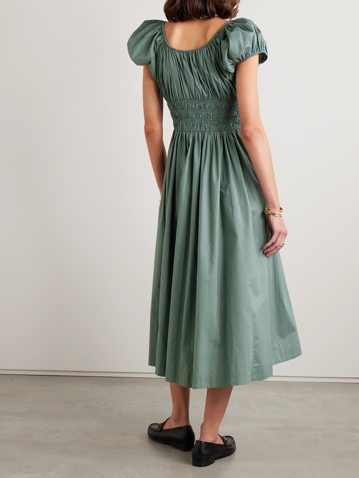 doen quinn dress green DÔEN Quinn Tie-Detailed Shirred Organic Cotton-Poplin Midi Dress