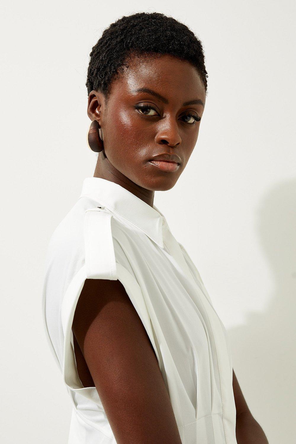 karen millen pleated shirt dress white Ivory Tailored Crepe Pleated Midi Shirt Dress