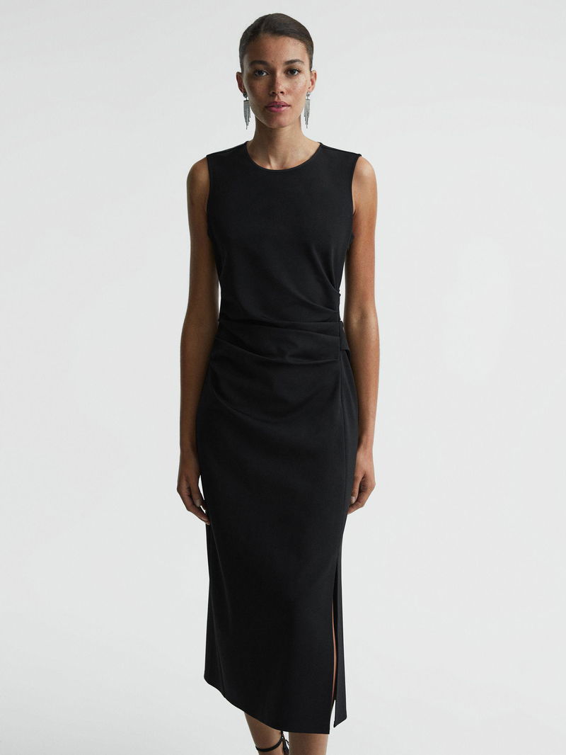 REISS Skye Ruched Bodycon Midi Dress in Black | Endource