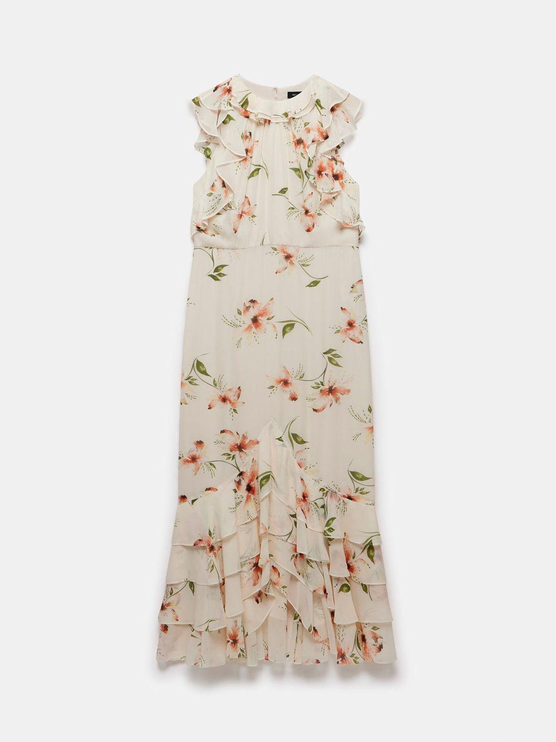 MINT VELVET Floral Print Ruffle Detail Midi Dress in Cream/Multi | Endource