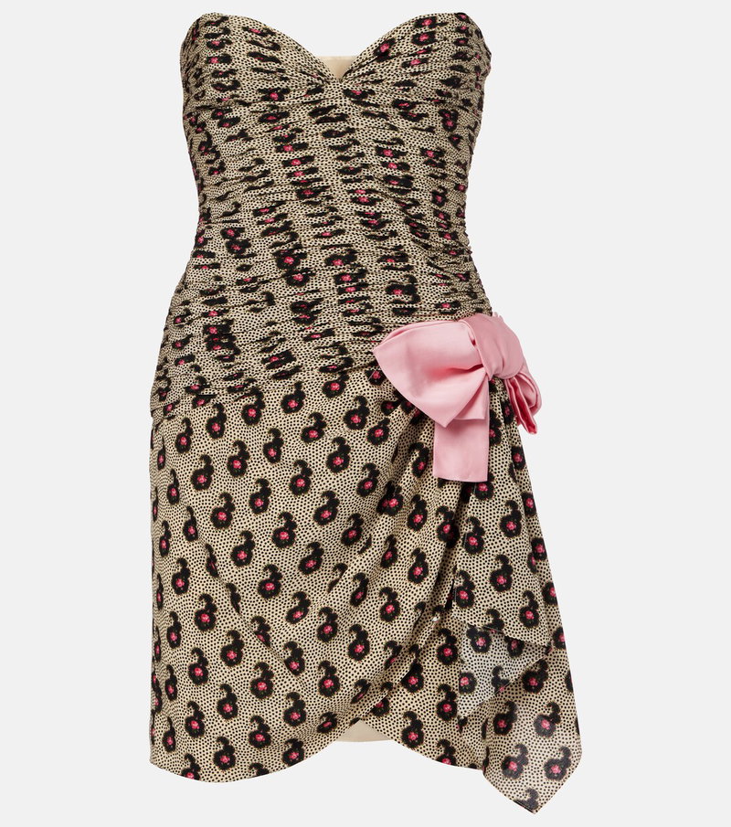 Leopard-print strapless dress with pink bow