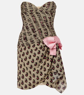 Leopard-print strapless dress with pink bow