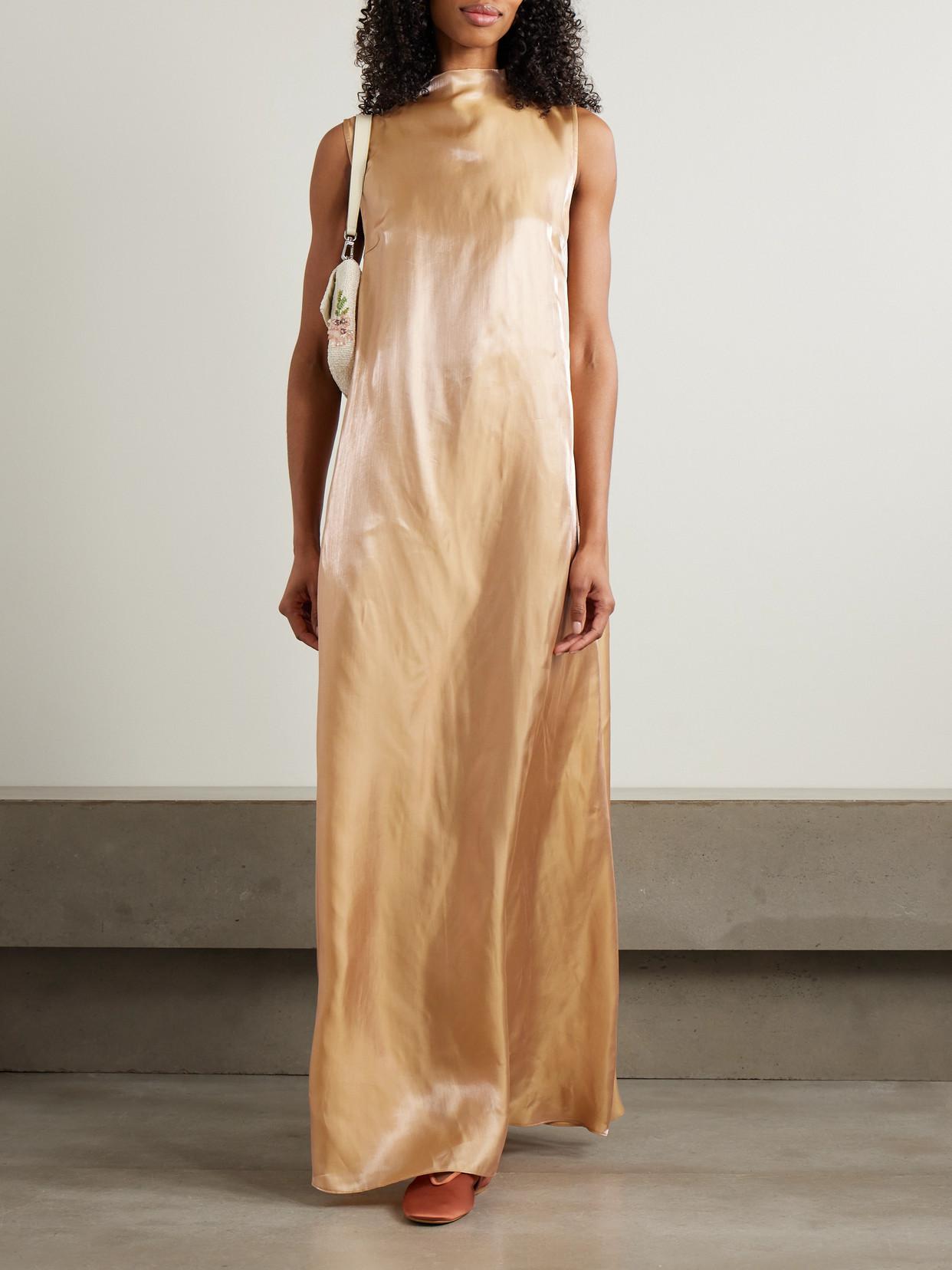 staud araya dress rose gold 50% off Metallic Organza Turtleneck Maxi Staud kleid
