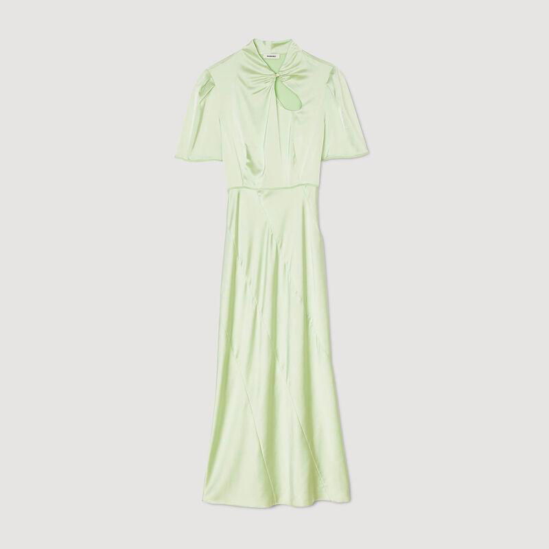 Sage green satin midi dress with a tied bow neckline.