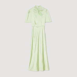 Sage green satin midi dress with a tied bow neckline.