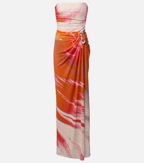 Orange and white wrap dress with a nude top