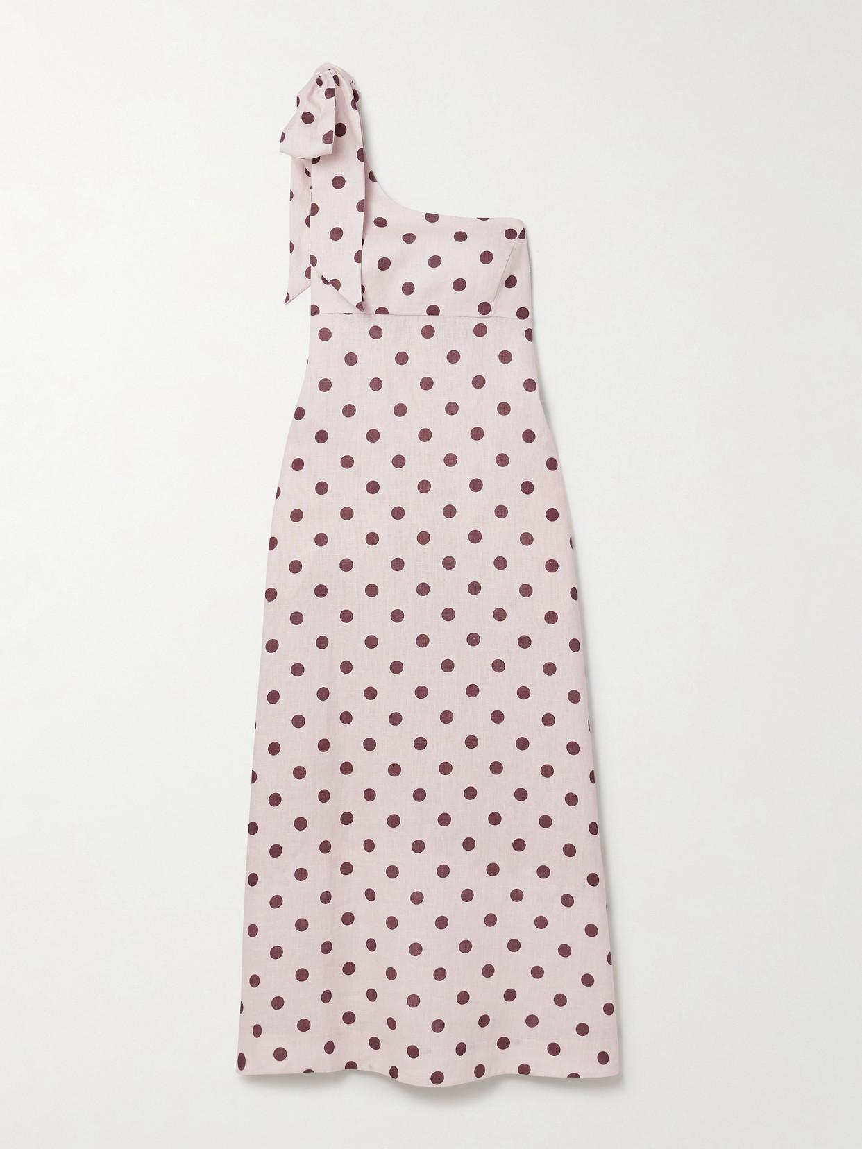acacia one shoulder midi dress ZIMMERMANN Acacia One-Shoulder Bow-Embellished Polka-Dot Linen Midi Dress