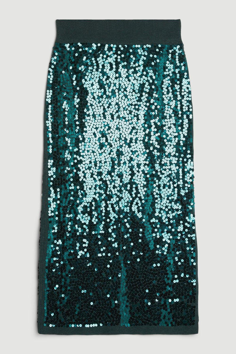 KAREN MILLEN Viscose Blend Sequin Knit Midi Skirt in Emerald | Endource