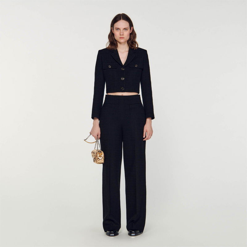 Black tweed cropped blazer and wide-leg trousers, SANDRO