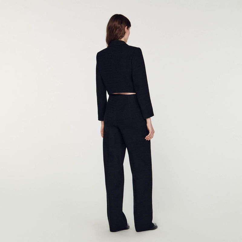 Black tuxedo jacket and trousers, back view