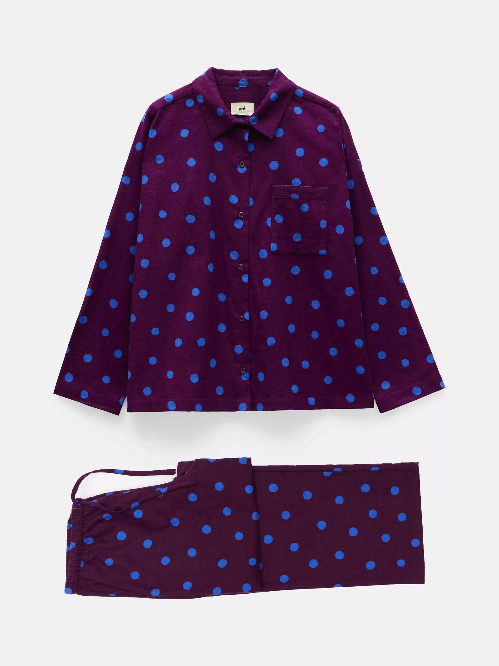 HUSH Sadie Cotton Flannel Polka Dot Pyjamas in Purple/Blue | endource