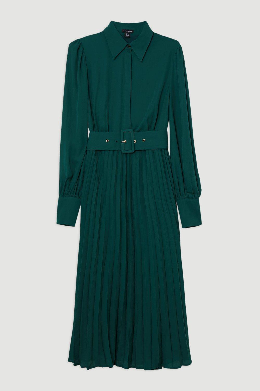 karen millen pleated shirt dress Green Contrast Tipped Georgette Woven Shirt Dress