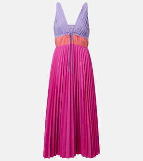 Purple and pink pleated midi dress with a tiered, ribbon tie.