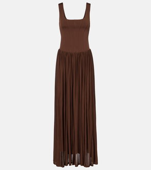 Brown ribbed midi dress with pleated skirt