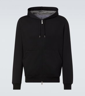 Black zip-up hoodie with drawstring and silver zipper details