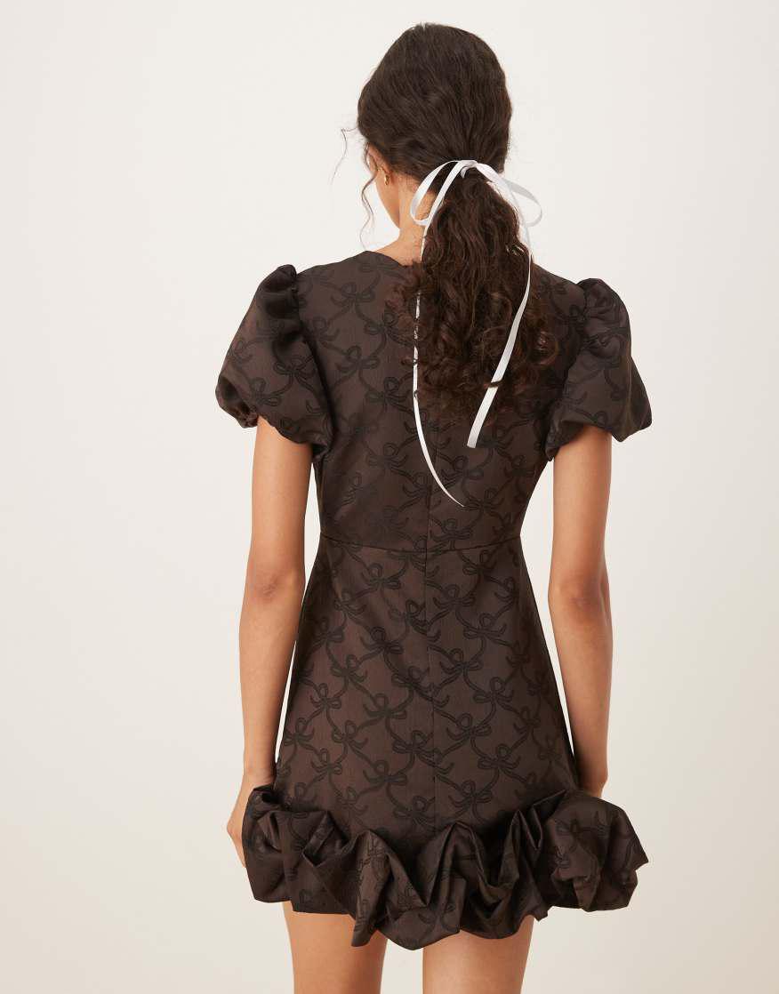 SISTER JANE Puff Sleeve Bubble Hem Mini Dress In Chocolate | endource