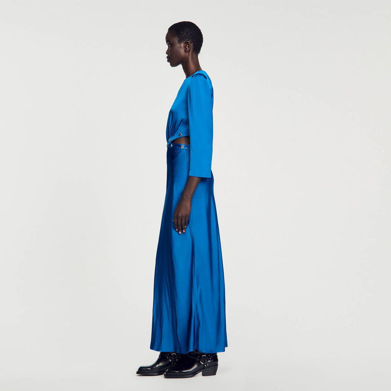 Sandro blue satin midi dress with belt detail