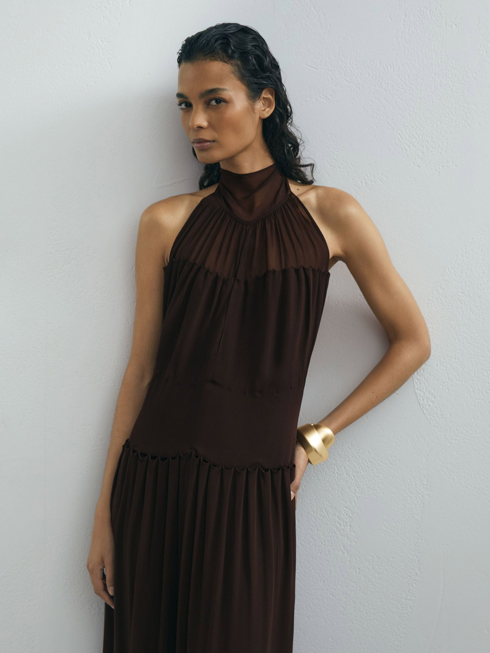 brown halterneck maxi dress Chanterra | Brown Halter-Neck Maxi Dress With Draped-Detailing main image 1