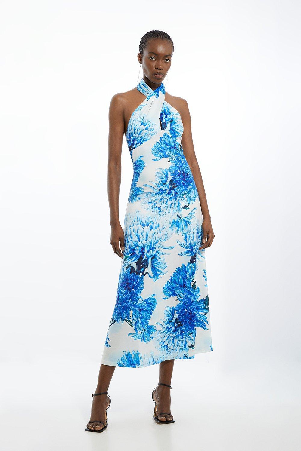 KAREN MILLEN Floral Drapey Twist Neck Maxi Dress in Blue | Endource