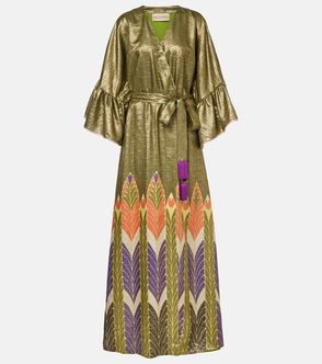 Olive green, gold-textured wrap dress with feather-patterned hem and sleeves.