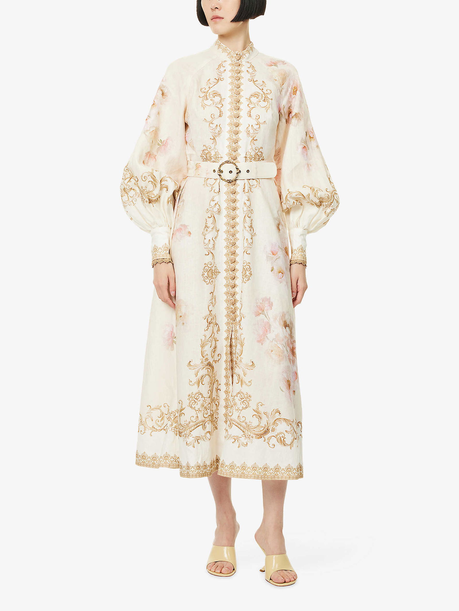 ZIMMERMANN Printed Silk-Belt Buttoned Linen Midi Dress | endource