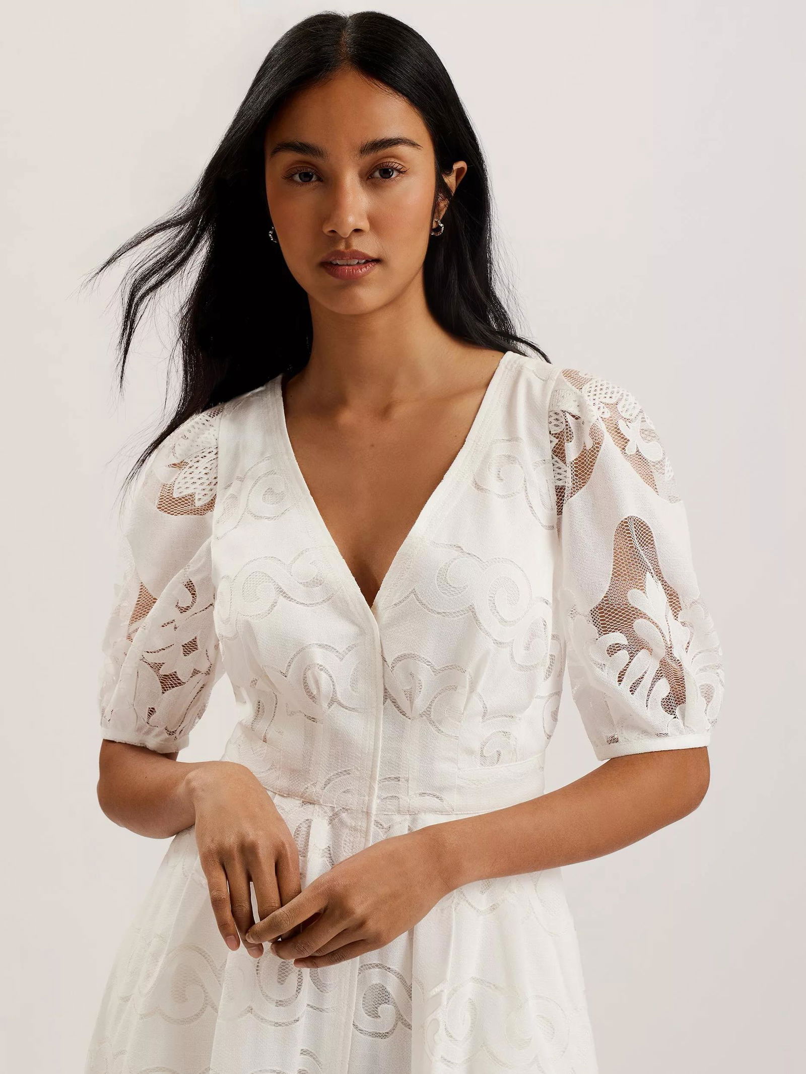 TED BAKER Agnel Lace Puff Sleeve Midi Dress | endource