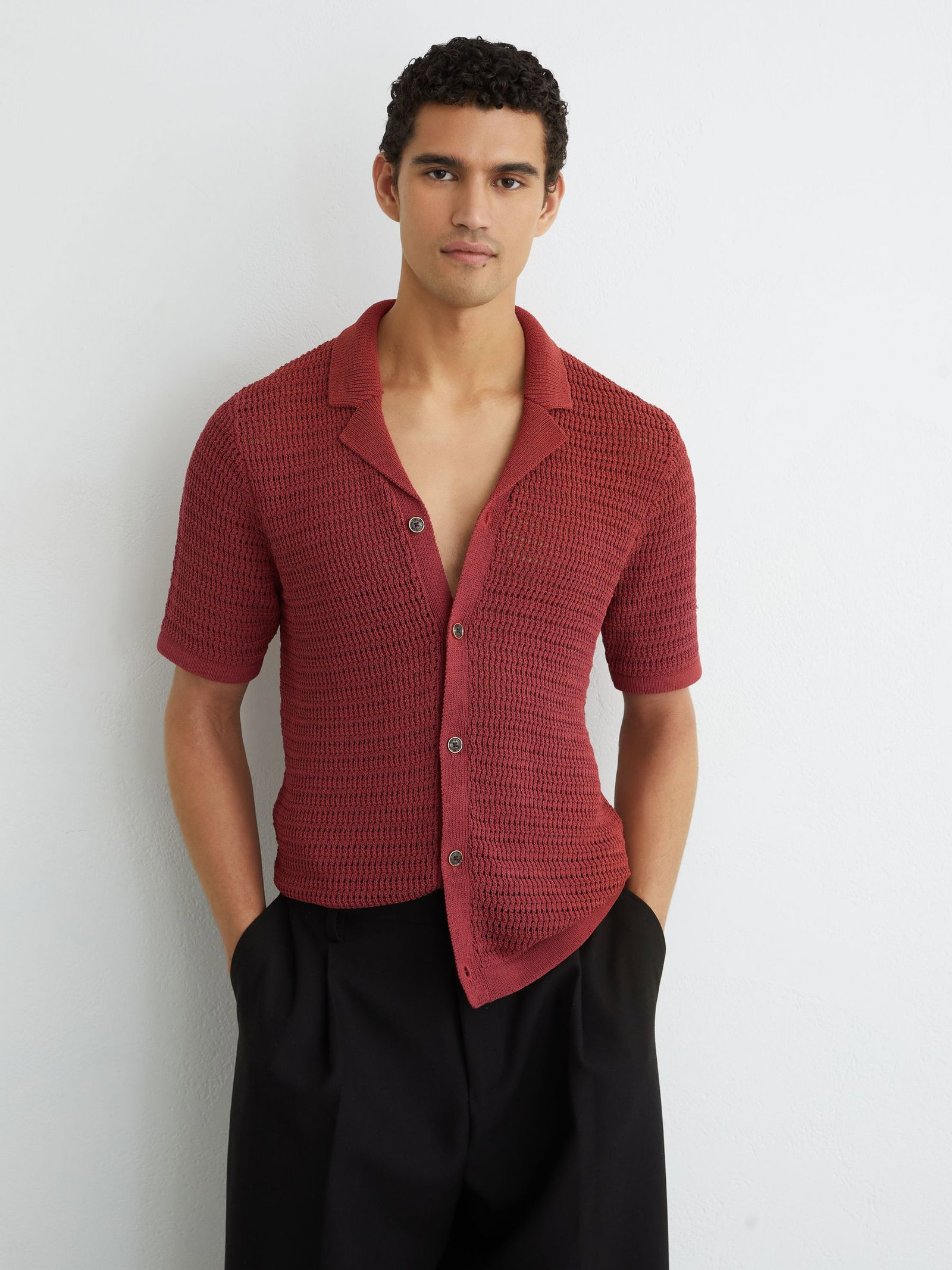 REISS Buzzard Open-Knit Button-Through Shirt In Rust Red | endource