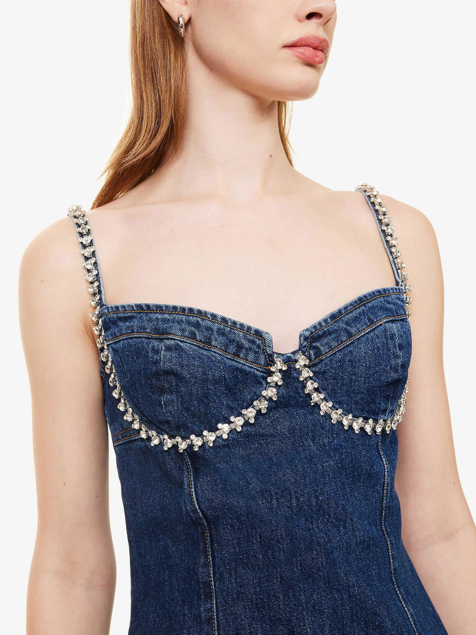 white christmas dresses Denim Crystal Trim Collared Mini Dress – self-portrait-US main image 1