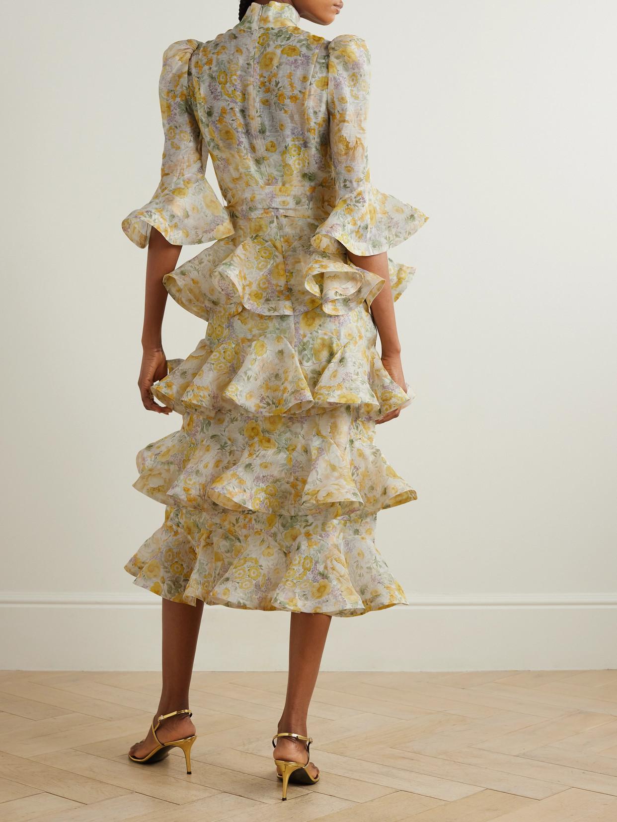 ZIMMERMANN Harmony Tiered Ruffled Floral-Print Linen And Silk-Blend Midi  Dress | endource