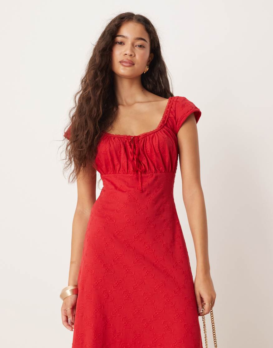 green emerald velvet dress Lace Midi Dress with Ruffles 42 (FR) / Red