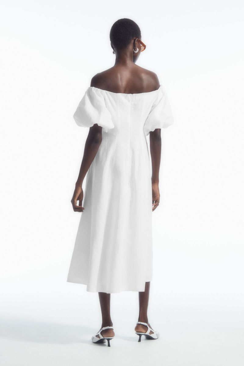 COS Off-The-Shoulder Puff-Sleeve Midi Dress | endource