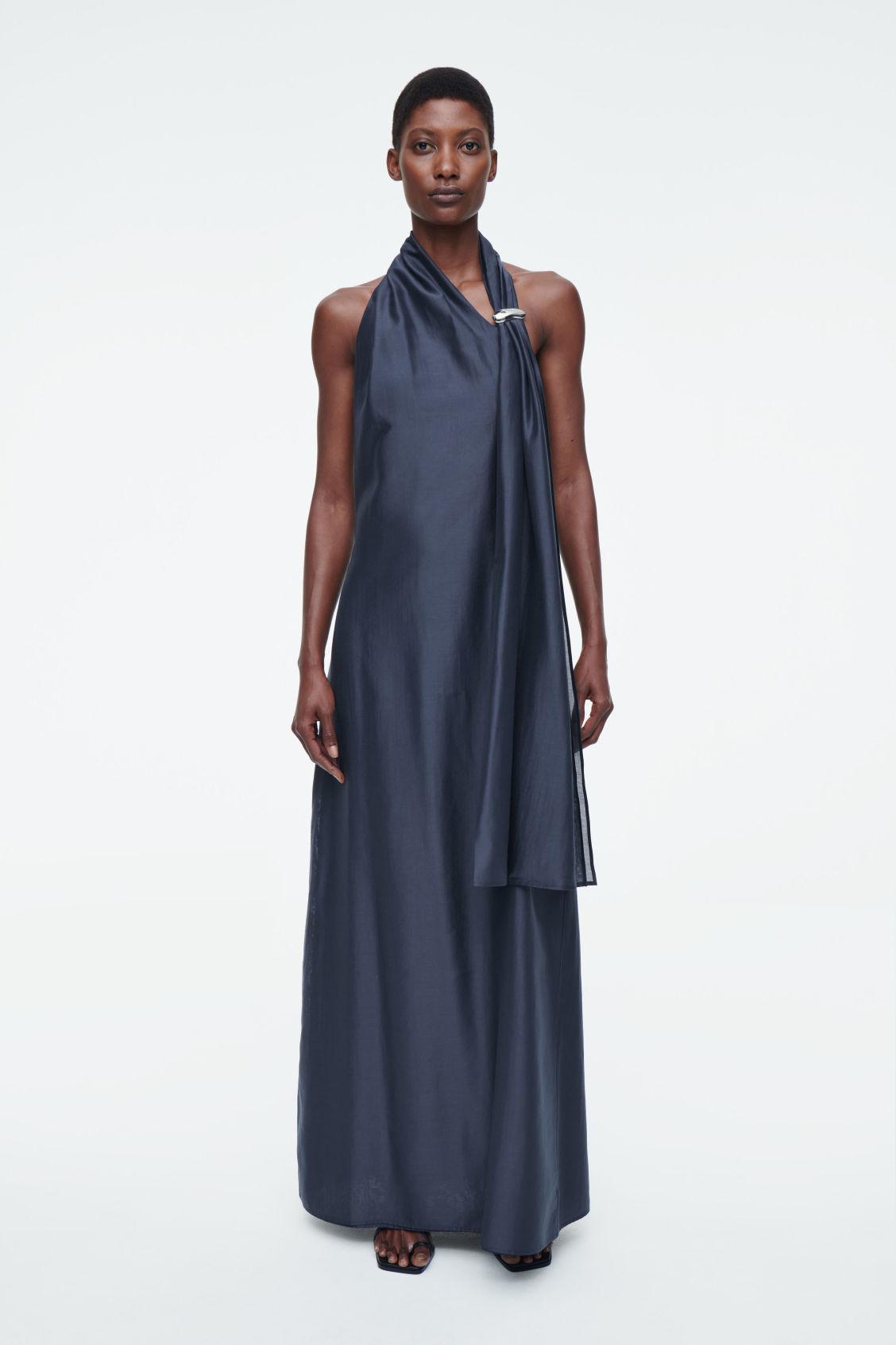 brooch ruched asymmetric dress COS Asymmetric Brooch-Detail Maxi Dress