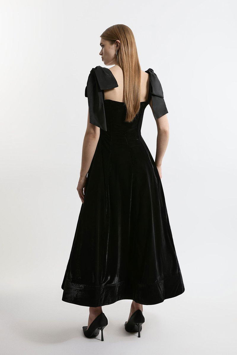 KAREN MILLEN Karen Millen x Lydia Millen - Velvet Bardot Woven Prom Midaxi  Dress With Taffeta Bow | endource